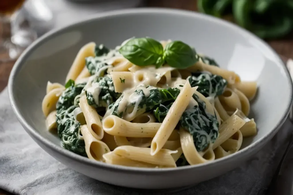 A welcoming kitchen scene with a rustic wooden table. On the table, there's an open, antique cookbook with illustrations of spinach leaves and a classic Alfredo pasta dish. Soft, warm lighting enhances the cozy atmosphere.