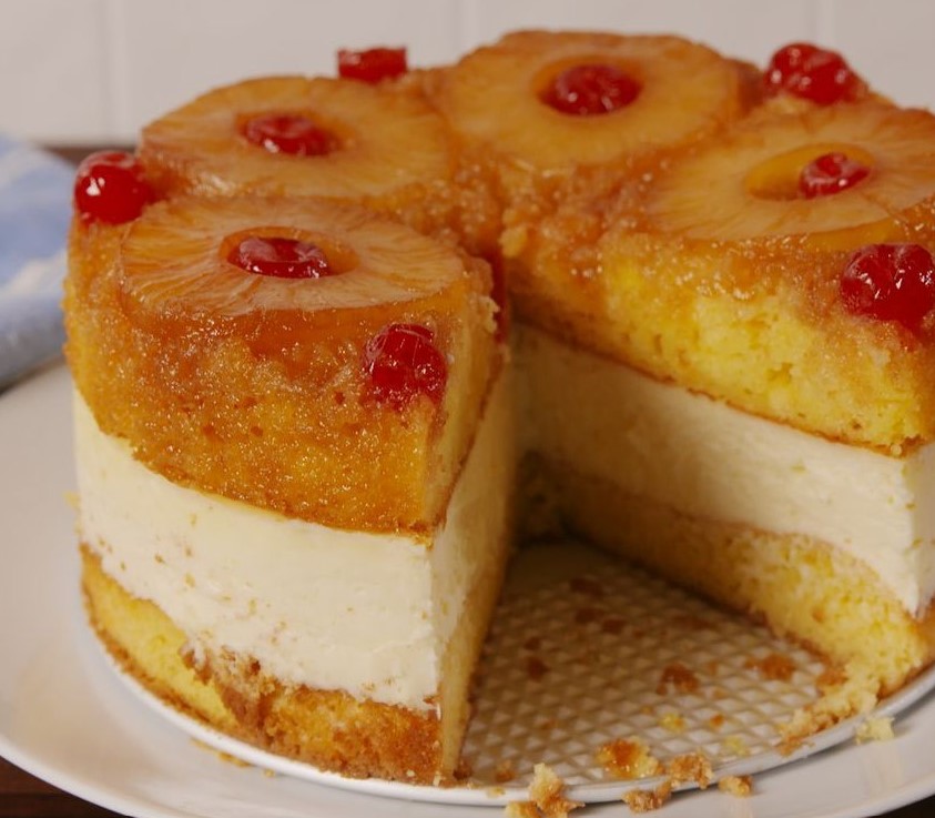 Cheesecake with Pineapple Upside Down Layer, Pineapple Cheesecake Cake, Upside Down Pineapple Cake with Cheesecake